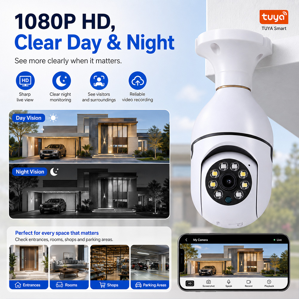 Home Security Kamera - Bulb Camera Tuya Wireless Light 2MP